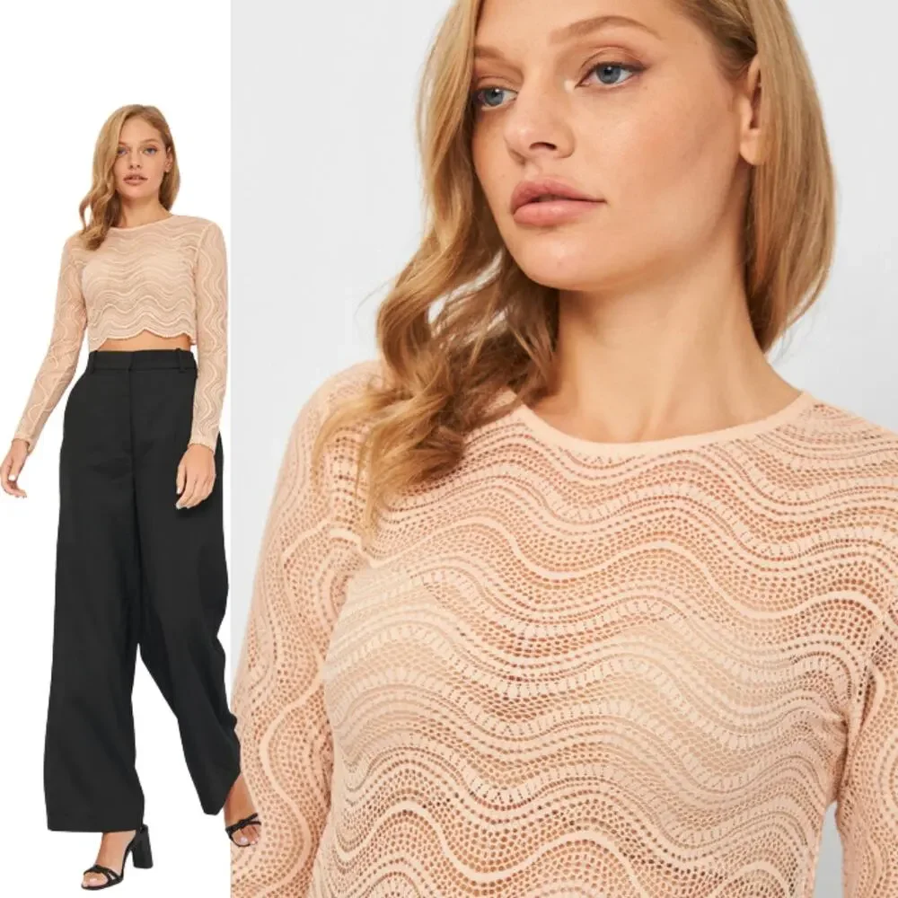 NEW Zara Beige Wavy Lace Scallop Hem Sheer Knit Long Sleeve Crop Top Small Y2K